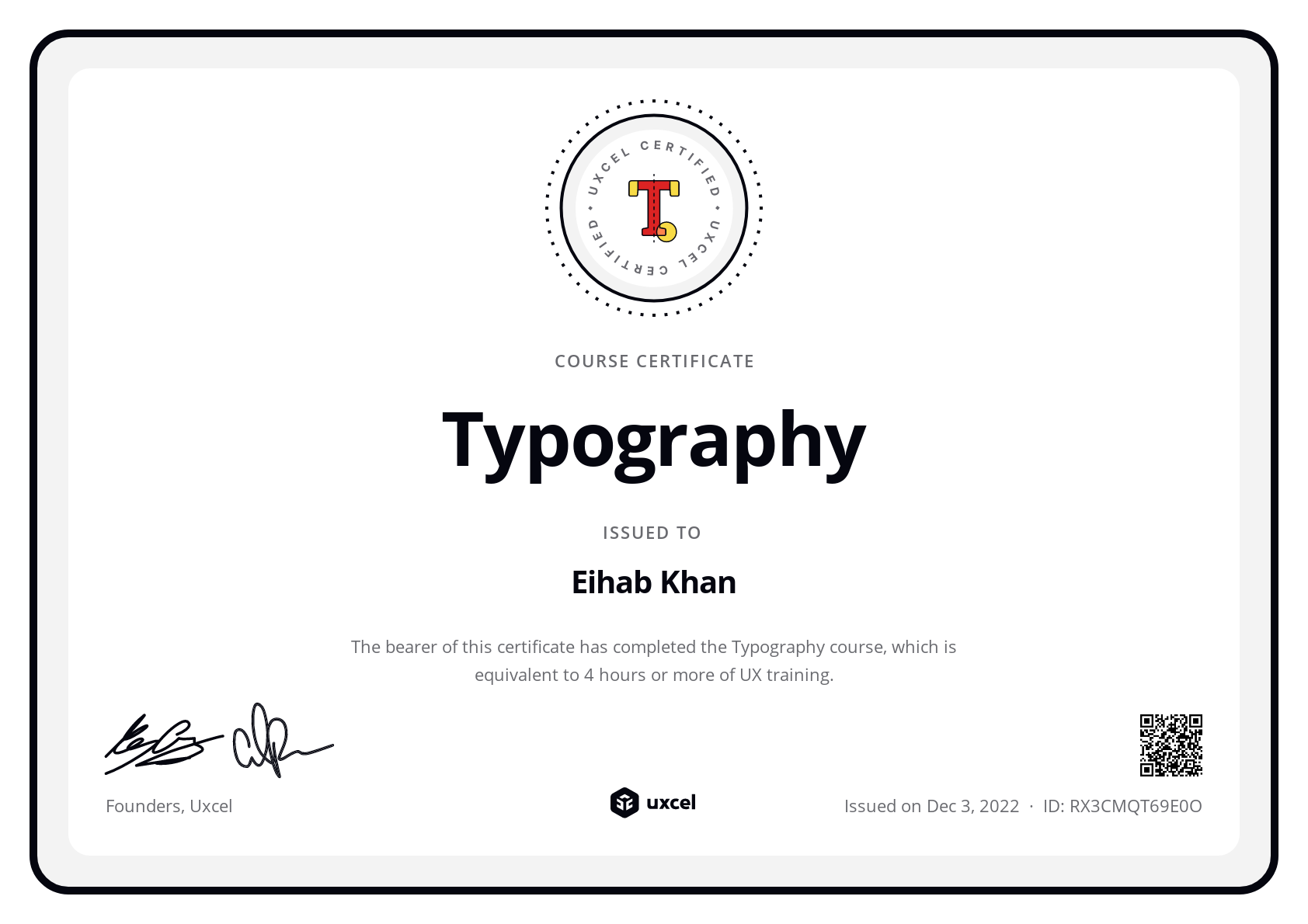 Eihab Khan's certificate